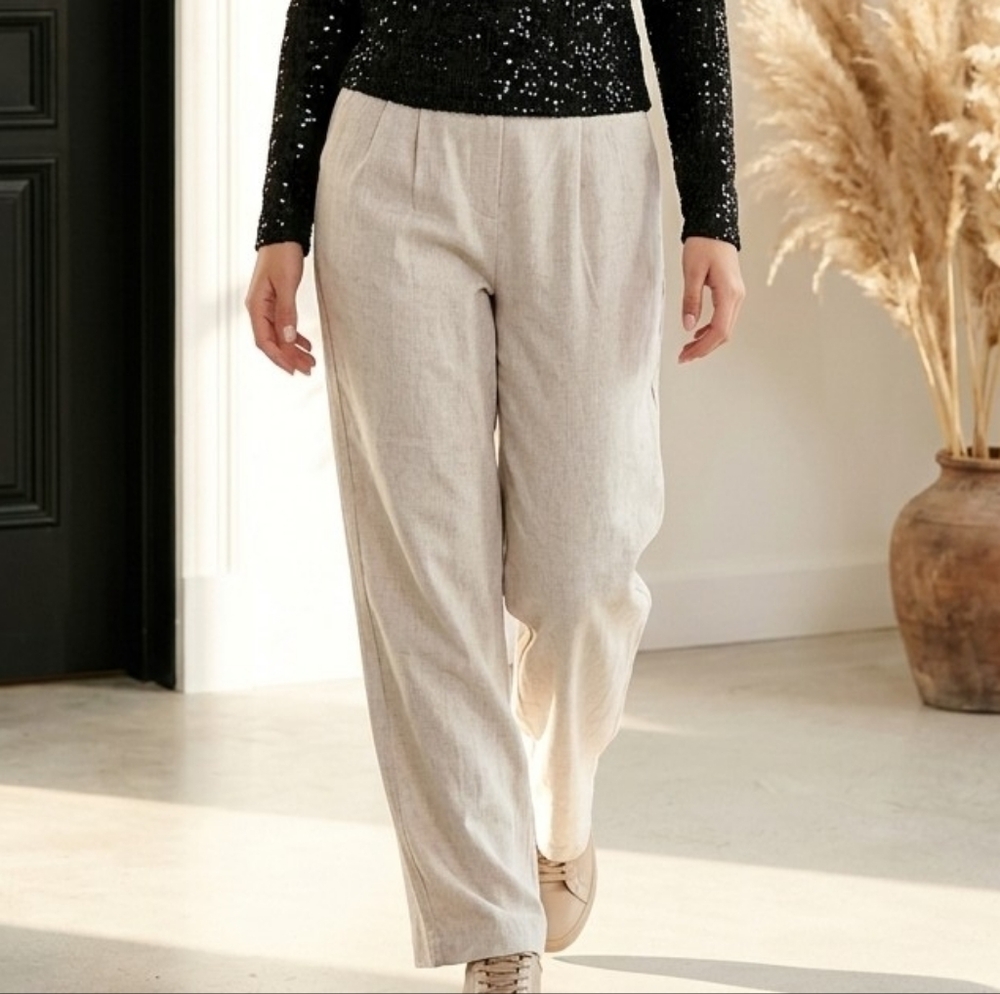 Wild Fable Zip Wide‑Leg  Pants Silhouette Women’s Suze 14 Plates Beige Stretch